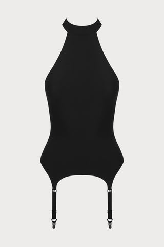 Black halter top with thin straps on a light gray background - Nuit Infinie Suspender Top