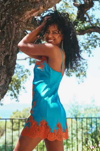 Marjolaine Artémis Silk Nightie Turquoise/Coral