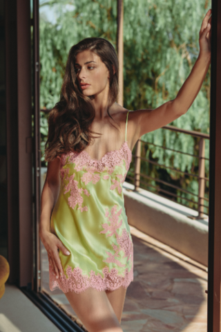 Marjolaine Calista Lime Silk & Pink Lace Nightie - Naughty Knickers
