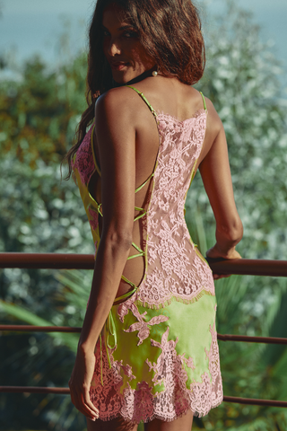 Marjolaine Calista Lime Silk & Pink Lace Nightie with Side Lacing - Naughty Knickers