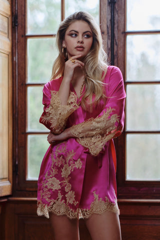 Marjolaine Victoria Short Silk Kimono Fuchsia/Platinum