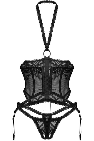 Obsessive Alliane Cupless Corset & Thong Set Black - Sexy Black Lingerie