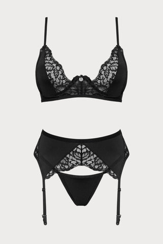 Obsessive Bellastia Bra, Thong & Suspender Black