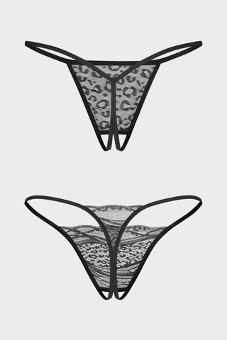 Bianca Black Lace Crotchless Mini Thong Set