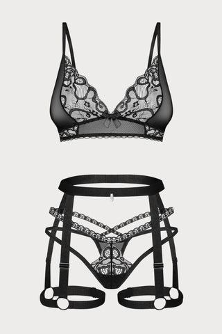 Obsessive Blomentis Bra, Thong & Suspender Black