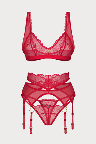 Obsessive Cupide Desir Red Lace Three Piece Lingerie Set