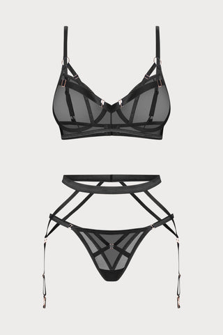 Obsessive Euridia Black 3 Piece Set - Bra, Thong & Suspender
