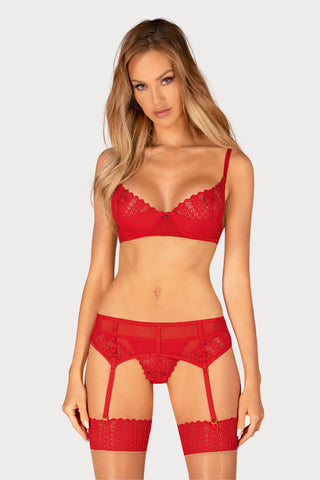Obsessive Ingridia Bra, Thong & Suspender Set Red