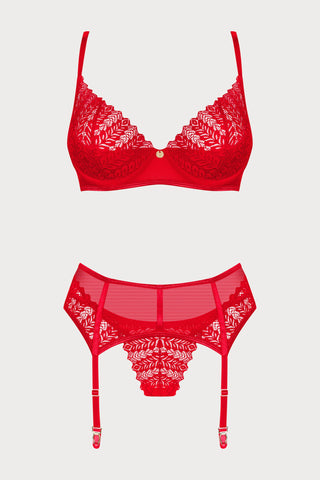 Obsessive Ingridia Bra, Thong & Suspender Set Red