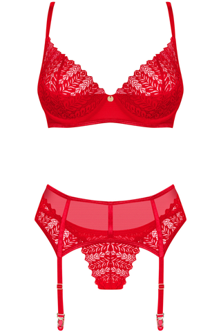 Obsessive Ingridia Bra, Thong & Suspender Set Red