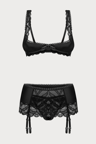 Lecille Black Open Bra, Thong & Suspender