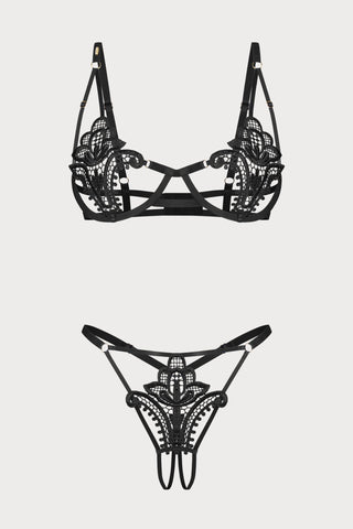 Luise Sublim Bra & Crotchless Thong in Black