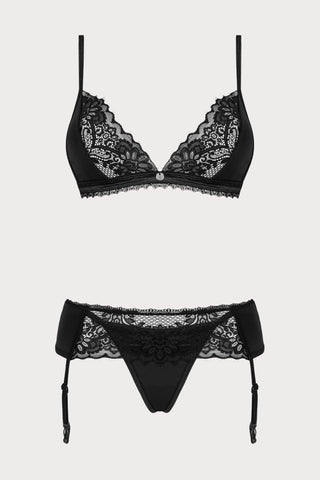 Obsessive Maderris Bra, Thong & Suspender Set Black