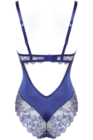 Womens Blue Floral Lace & Satin Brazilian Bodysuit Prelude Pearl