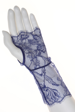 Womens Blue Fingerless Floral Lace Gloves with eyelash trim by Prelude