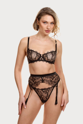 Prelude Pearl Black Lace & Satin Suspender Belt