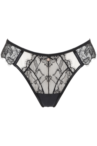 Womens Black Lace & Satin Tanga Thong Prelude Pearl