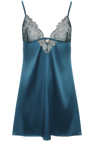 Women's Teal Satin Babydoll with Embroidery Cups - Satin Nightie - Prelude Venus