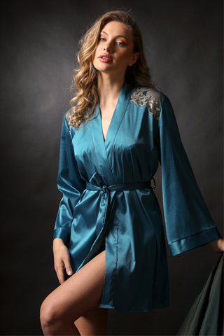 Women's Teal Satin Robe with Embroidery - Luxury Satin Nightwear - Prelude Venus