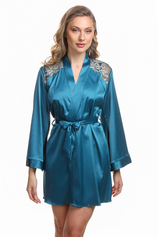 Women's Teal Satin Robe with Embroidery - Luxury Satin Nightwear - Prelude Venus