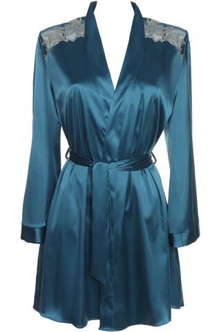 Women's Teal Satin Robe with Embroidery - Luxury Satin Nightwear - Prelude Venus