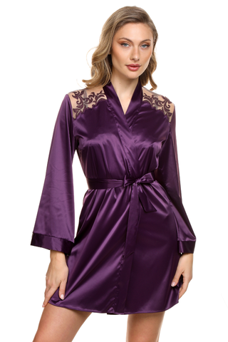 Women's Purple Satin Robe with Embroidery - Luxury Satin Nightwear - Prelude Venus