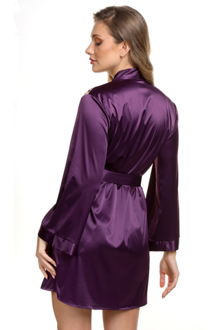 Women's Purple Satin Robe with Embroidery - Luxury Satin Nightwear - Prelude Venus