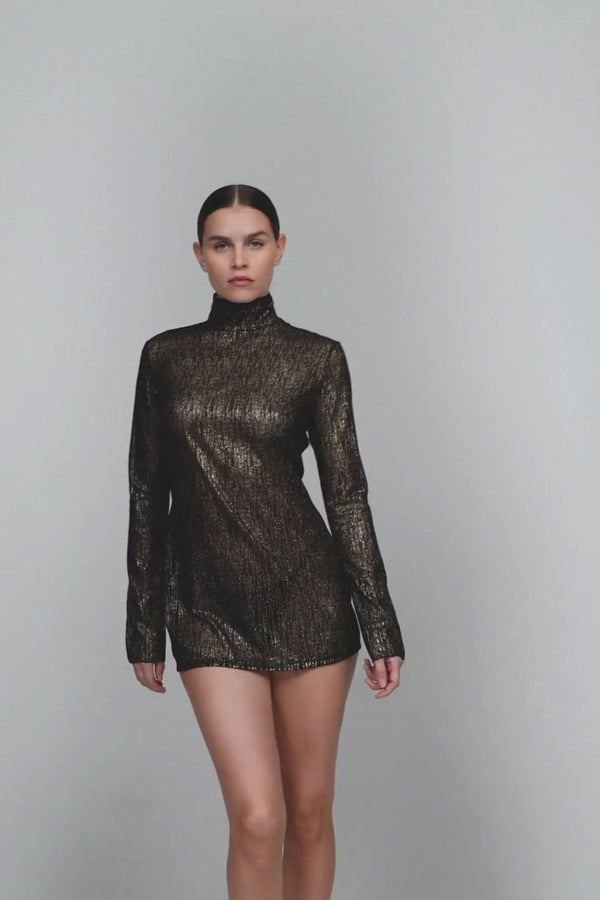 Sarda Tabei Short Long Sleeved Dress in Black & Gold - Luxury Dresses
