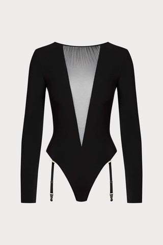 Scandale Nuit Fauve Long Sleeve Suspender Thong Bodysuit Black