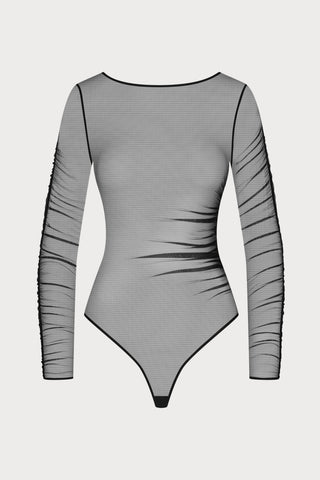 Scandale Nuit Fauve Sheer Long Sleeve Thong Bodysuit Black