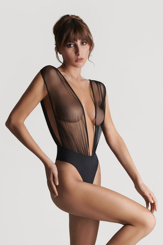Scandale Nuit Fauve V-Neck Thong Bodysuit Black