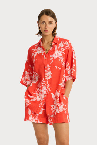 Aloha Cover Up Cotton Shirt in Flame, Size L (UK 14)