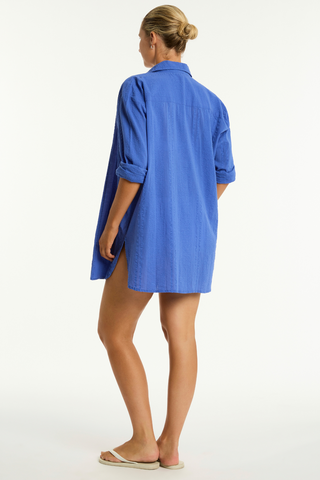 Sea Level Heatwave Blue Cotton Cover Up Shirt