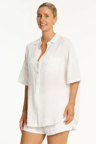 Sea Level Sunset Aloha White Cotton Cover Up Shirt
