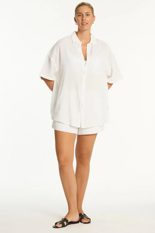 Sea Level Sunset Aloha White Cotton Cover Up Shirt