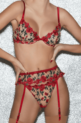 Fleur du Mal Roses and Thorns Embroidery Demi Underwired Bra Rouge