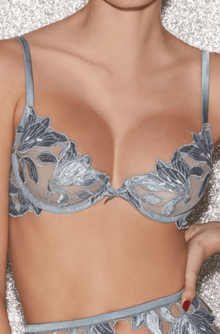 Fleur du Mal Velvet Lily Embroidery Underwired Demi Bra Blue