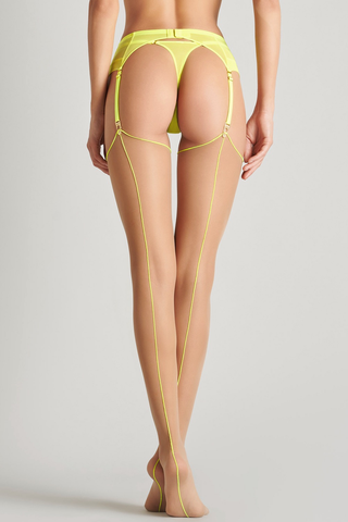 Maison Close Sheer Cut & Curled Back Seamed Stockings Nude/Neon Yellow