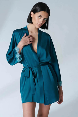 Simone Pérèle Satin Secrets Short Kimono Cyan Blue